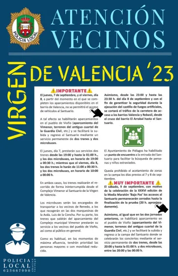  Piélagos pone en marcha un operativo con motivo de los actos centrales de las Fiestas de la Virgen de Valencia 2023 para facilitar el acceso al Santuario