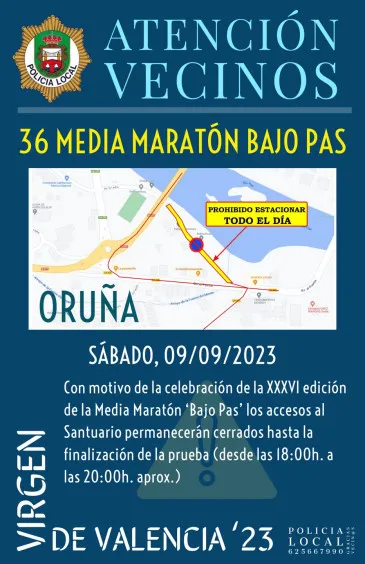  La Policía Local de Piélagos recuerda que los accesos al Santuario de la Virgen de Valencia permanecerán cerrados al tráfico entre las 18:00 y las 20:00 horas