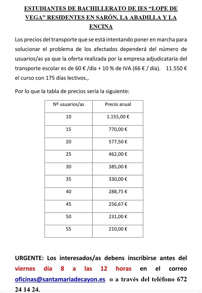  AVISO importante: Precios del transporte anual Estudiantes Bachillerato IES Lope de Vega