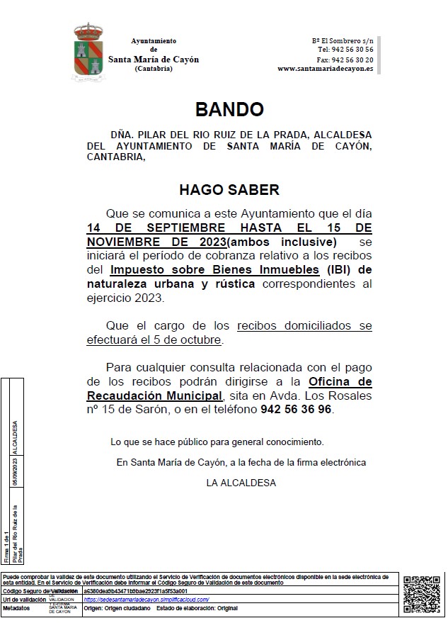  Inicio del periodo de cobranza de los recibos del Impuesto de Bienes Inmuebles (IBI)
